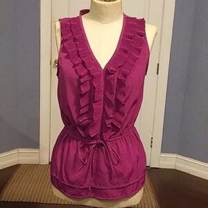 Elle Sleeveless Ruffled V-Neck Drawstring Waist Top - Magenta